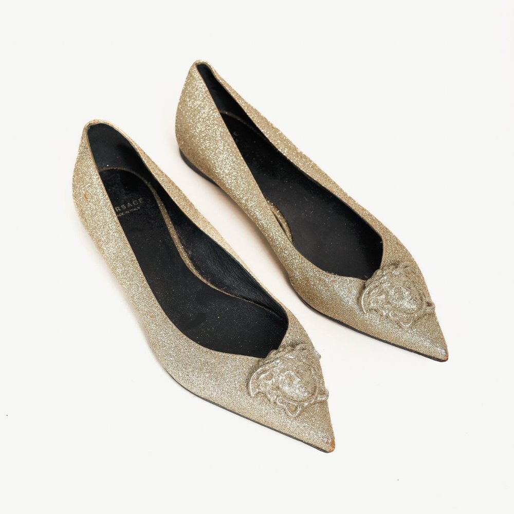 Versace Palazzo Gold Medusa Glitter Pointed-Toe Flats
